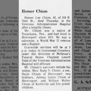 Obituary for Homer Lee Chism