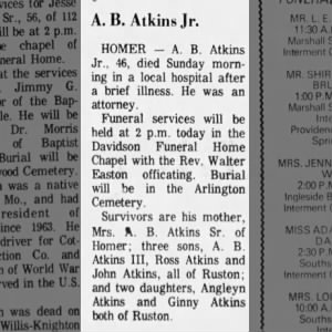 Obituary for A B Atkms Jr.